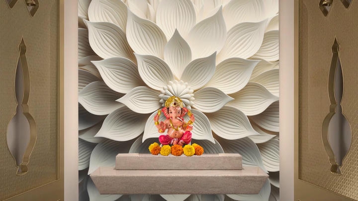 3D Serene White FLower Wallpaper for Pooja Room